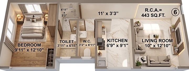 1 BHK Flat 6 floor plan